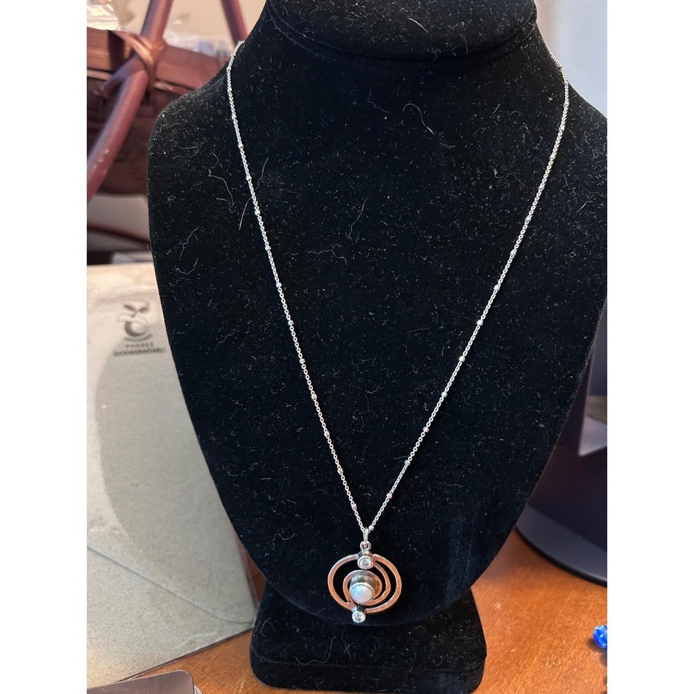 Sterling Silver 925 Pearl Spiral Pendant Necklace Satellite Chain Hammered 5.4g